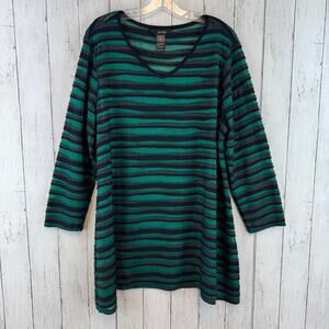 Ali Miles Green Black Woven Striped Textured Mesh Long Sleeve Tunic Top Size XL